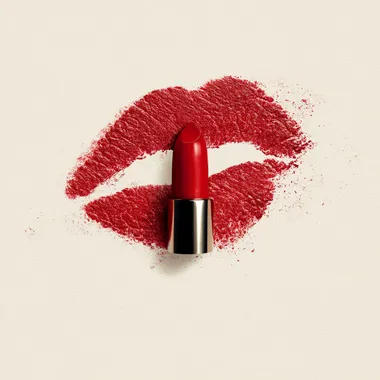 a red lipstick print on a white background
