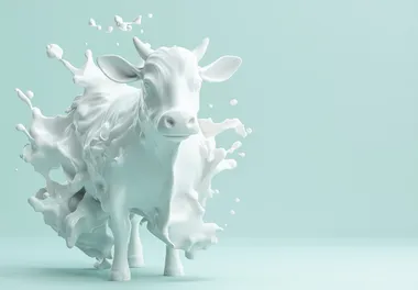 3D render of a cow made from milk, in a white color with a light blue background, with splashy liquid and splashes around the body, in a minimalistic style.