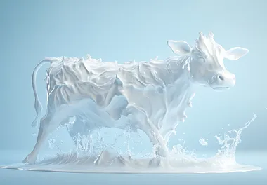 3D render of a cow made from milk, in a white color with a light blue background, with splashy liquid and splashes around the body, in a minimalistic style.