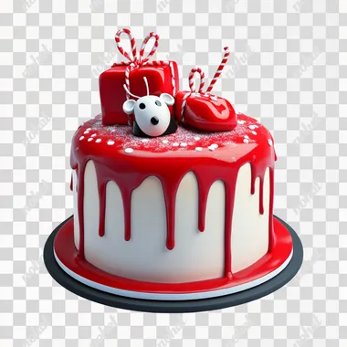 A festive cake with red glaze, featuring a computer mouse as decoration on top. White background, high quality, cinematic style, hyper-detailed.