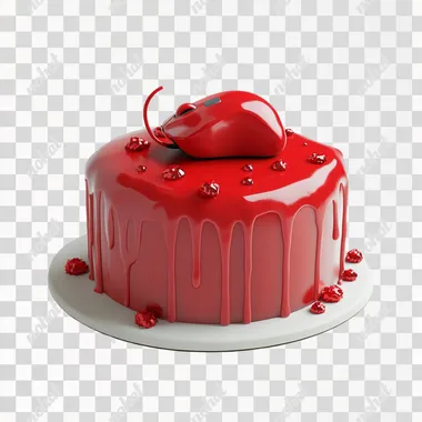 A festive cake with red glaze, featuring a computer mouse as decoration on top. White background, high quality, cinematic style, hyper-detailed.