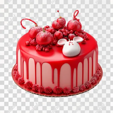 A festive cake with red glaze, featuring a computer mouse as decoration on top. White background, high quality, cinematic style, hyper-detailed.