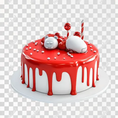 A festive cake with red glaze, featuring a computer mouse as decoration on top. White background, high quality, cinematic style, hyper-detailed.