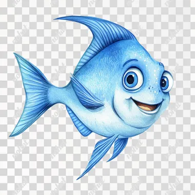 washed watercolor cute blue tang fish smiling, muted color, isolated on white background