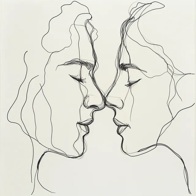 Couple Kissing in a Continuous Line Drawing of Intimate Connection