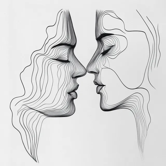 Continuous line drawing of two faces expressing connection and affection