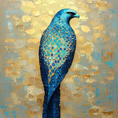 Full body portrait of the sacred gyrfalcon, Falco rusticolus, delicate design, liquid metal texture, decorative design element, cobalt blue, turquoise, gold, light background, digital painting technique    --s 200   qsa4a68 ajxts5p znc3j8n