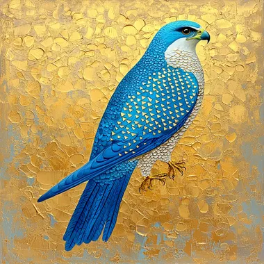 Full body portrait of the sacred gyrfalcon, Falco rusticolus, delicate design, liquid metal texture, decorative design element, cobalt blue, turquoise, gold, light background, digital painting technique    --s 200   qsa4a68 ajxts5p znc3j8n