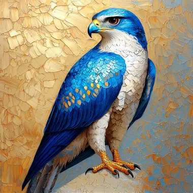Full body portrait of the sacred gyrfalcon, Falco rusticolus, delicate design, liquid metal texture, decorative design element, cobalt blue, turquoise, gold, light background, digital painting technique    --s 200   qsa4a68 ajxts5p znc3j8n