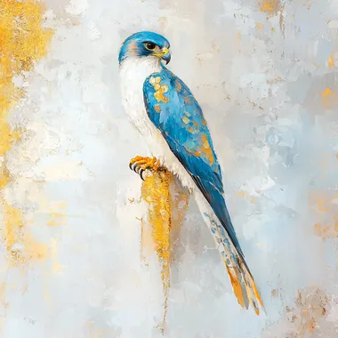 Full body portrait of the sacred gyrfalcon, Falco rusticolus, delicate design, liquid metal texture, decorative design element, cobalt blue, turquoise, gold, light background, digital painting technique    --s 200   qsa4a68 ajxts5p znc3j8n