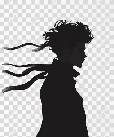 silhouette of a male character. Black silhouette with white background. Detailed silhouette.  --s 50