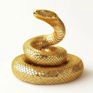 A golden snake. coiled in an S-shape. The head is raised upwards, facing left, and placed on top. white background, vector graphics, high resolution, professional photography, studio lighting, depth of field, best details, and hyper-detailed rendering style, in the style of a professional artist.