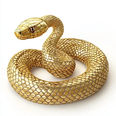 A golden snake. coiled in an S-shape. The head is raised upwards, facing left, and placed on top. white background, vector graphics, high resolution, professional photography, studio lighting, depth of field, best details, and hyper-detailed rendering style, in the style of a professional artist.