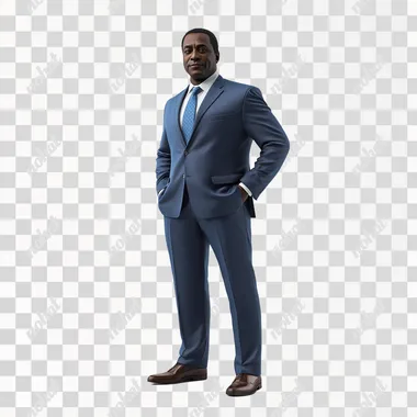 a foto realistic of a black as a businessman, 50y, with big siile, dressed a blue social suet, on white background, 3x4 angle, full lenght