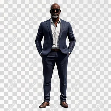 a foto realistic of a black as a businessman, 50y, with big siile, dressed a blue social suet, on white background, 3x4 angle, full lenght