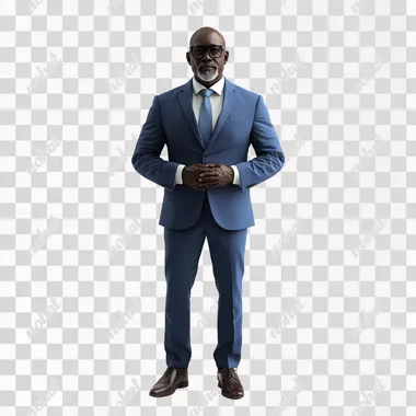 a foto realistic of a black as a businessman, 50y, with big siile, dressed a blue social suet, on white background, 3x4 angle, full lenght