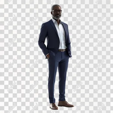 a foto realistic of a black as a businessman, 50y, with big siile, dressed a blue social suet, on white background, 3x4 angle, full lenght