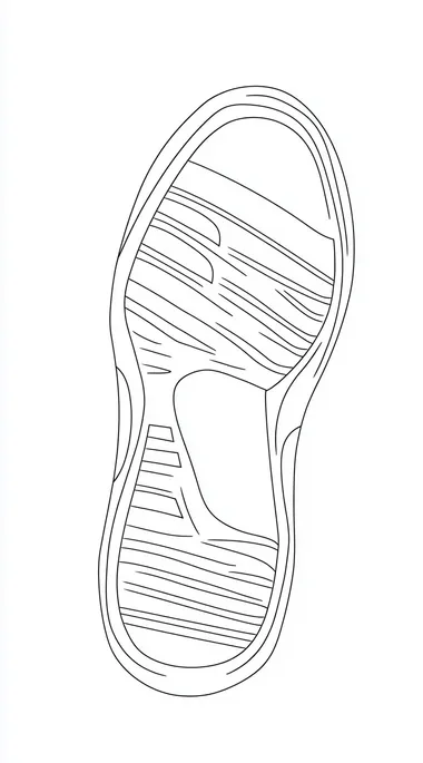 do not change the outline. make new inlines in the same way as the drawing is ,clear and geometric. keep the silhouette as is. keep the lines . Line drawing of a shoe sole, flat view, shoe print design on paper, simple lines, low detail, no shading in the style of Art Deco, flat white background, simple minimalistic.  --s 50
