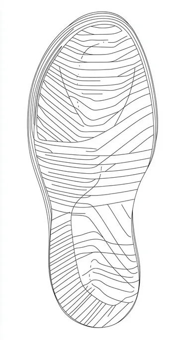 do not change the outline. make new inlines in the same way as the drawing is ,clear and geometric. keep the silhouette as is. keep the lines . Line drawing of a shoe sole, flat view, shoe print design on paper, simple lines, low detail, no shading in the style of Art Deco, flat white background, simple minimalistic.  --s 50