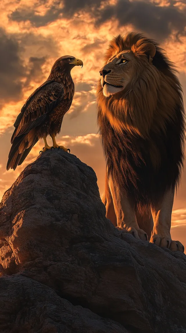 a lion and a bird are standing on a rock