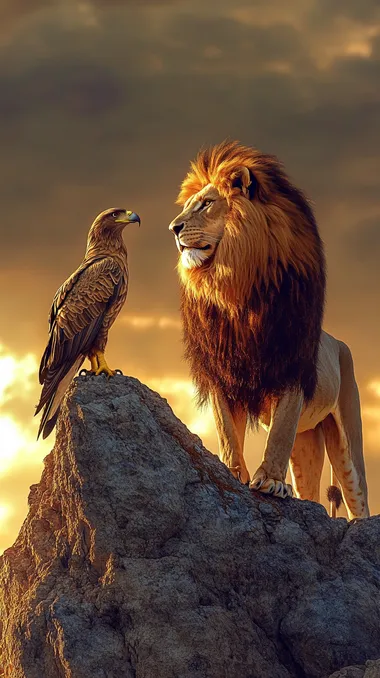 A golden eagle perched on a rock beside a mighty lion standing proudly, the eagle's feathers glowing in the soft light of sunrise, and the lion's golden mane flowing in the wind, rocky cliff with a dramatic sky in the background, ultra-realistic textures, cinematic lighting, majestic and powerful, 8K resolution, vertical format