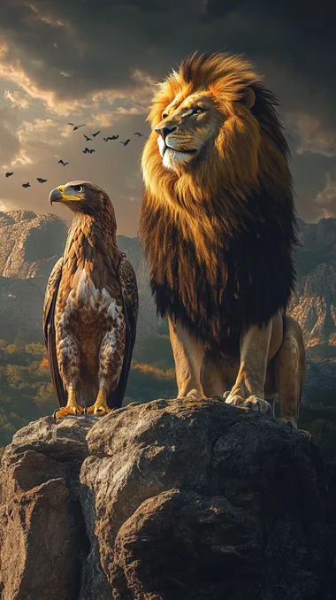 A golden eagle perched on a rock beside a mighty lion standing proudly, the eagle's feathers glowing in the soft light of sunrise, and the lion's golden mane flowing in the wind, rocky cliff with a dramatic sky in the background, ultra-realistic textures, cinematic lighting, majestic and powerful, 8K resolution, vertical format