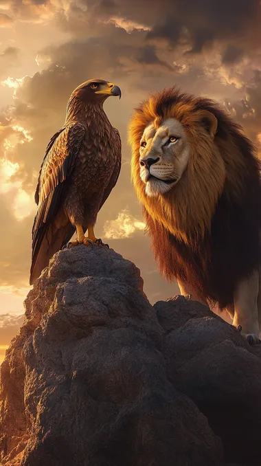 A golden eagle perched on a rock beside a mighty lion standing proudly, the eagle's feathers glowing in the soft light of sunrise, and the lion's golden mane flowing in the wind, rocky cliff with a dramatic sky in the background, ultra-realistic textures, cinematic lighting, majestic and powerful, 8K resolution, vertical format