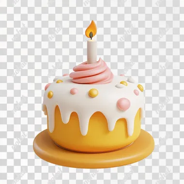 icon of cute cake with a small 1 candle on top Front view, white background, cinema4d render, 3D model in the style of cinema4d