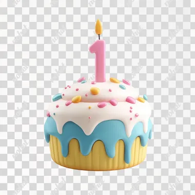 icon of cute cake with a small 1 candle on top Front view, white background, cinema4d render, 3D model in the style of cinema4d