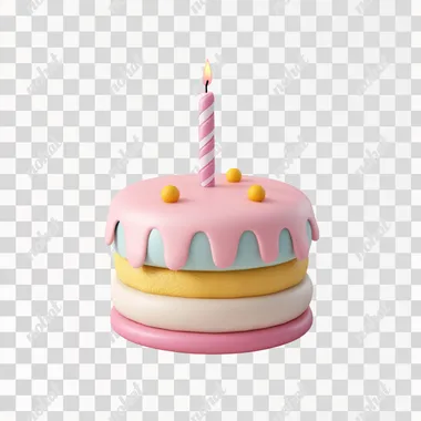 icon of cute cake with a small 1 candle on top Front view, white background, cinema4d render, 3D model in the style of cinema4d