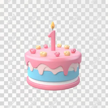 icon of cute cake with a small 1 candle on top Front view, white background, cinema4d render, 3D model in the style of cinema4d