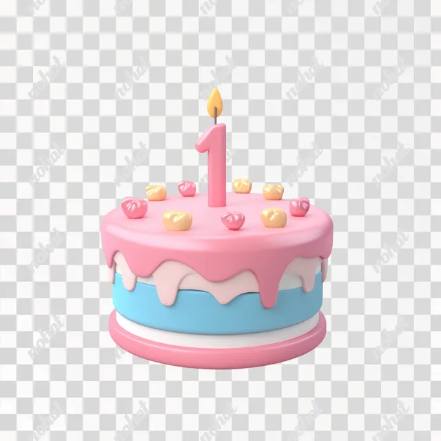 PNG 3D Pink and Blue Birthday Cake with Candle for Children's Celebrations