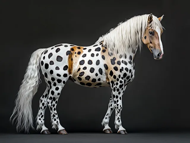 Majestic spotted horse in the wild with white and brown coat pattern