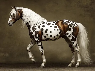 A majestic horse with spotted fur, standing tall and proud in the wild. The coat is patterned like an Appaloosa's iconic spots, creating a unique visual effect. Her coat is covered with intricate white spots of different sizes on a black and brown background, creating a unique pattern. It has a flowing white mane that adds to its elegance. Fine art photography in Stockton style on Canon EOS R5.