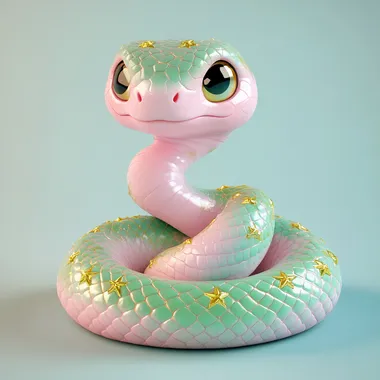 cute snake with golden stars with pink and green scales, in the Disney style cartoon character design in the style of Kawaii Art Design, front view, pastel colors, high resolution, detailed 3D rendering, professional studio lighting, soft shadows, digital art