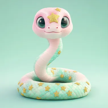 cute snake with golden stars with pink and green scales, in the Disney style cartoon character design in the style of Kawaii Art Design, front view, pastel colors, high resolution, detailed 3D rendering, professional studio lighting, soft shadows, digital art