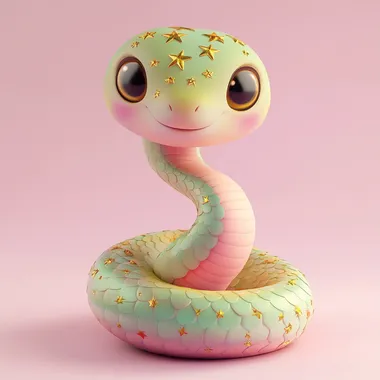 cute snake with golden stars with pink and green scales, in the Disney style cartoon character design in the style of Kawaii Art Design, front view, pastel colors, high resolution, detailed 3D rendering, professional studio lighting, soft shadows, digital art
