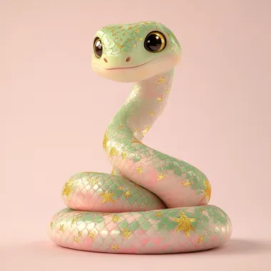 cute snake with golden stars with pink and green scales, in the Disney style cartoon character design in the style of Kawaii Art Design, front view, pastel colors, high resolution, detailed 3D rendering, professional studio lighting, soft shadows, digital art