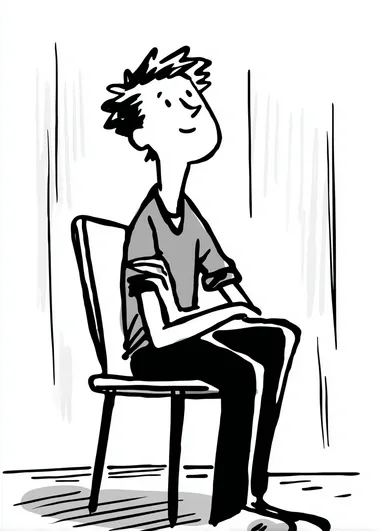 A simple cartoon doodle, depicting a person sitting in a chair with their legs crossed, expressing a happy expression in profile view. The drawing is set against a white background, with a simple style featuring thick lines and black and gray colors. The perspective is from the side, with simplified shapes and minimalistic details. The proportions are exaggerated, and the textures are simplified. The facial features are also exaggerated, while the hands and feet are simplified, resulting in a minimalistic yet expressive illustration.    rprlxg1