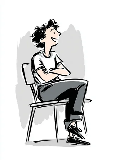 A simple cartoon doodle, depicting a person sitting in a chair with their legs crossed, expressing a happy expression in profile view. The drawing is set against a white background, with a simple style featuring thick lines and black and gray colors. The perspective is from the side, with simplified shapes and minimalistic details. The proportions are exaggerated, and the textures are simplified. The facial features are also exaggerated, while the hands and feet are simplified, resulting in a minimalistic yet expressive illustration.    rprlxg1