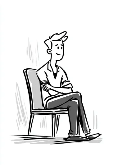A simple cartoon doodle, depicting a person sitting in a chair with their legs crossed, expressing a happy expression in profile view. The drawing is set against a white background, with a simple style featuring thick lines and black and gray colors. The perspective is from the side, with simplified shapes and minimalistic details. The proportions are exaggerated, and the textures are simplified. The facial features are also exaggerated, while the hands and feet are simplified, resulting in a minimalistic yet expressive illustration.    rprlxg1
