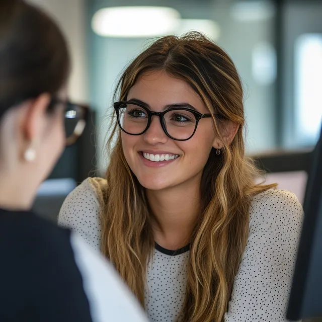 Woman in office glasses smiling at colleague while looking away from screen