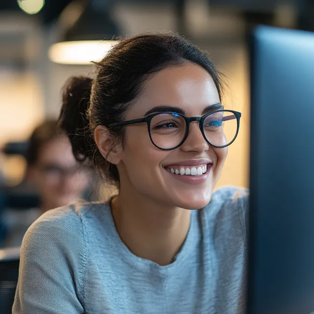 Woman in office smiling at colleague while looking away from computer screen