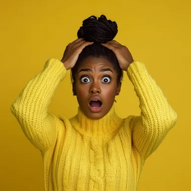 african american looking shocked but happy looking up in the sky, holding her hands to her head, wearing a long sleeved yellow sweater