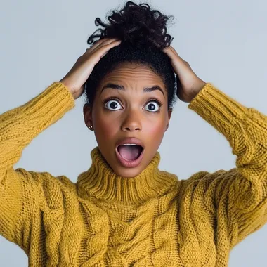 african american looking shocked but happy looking up in the sky, holding her hands to her head, wearing a long sleeved yellow sweater