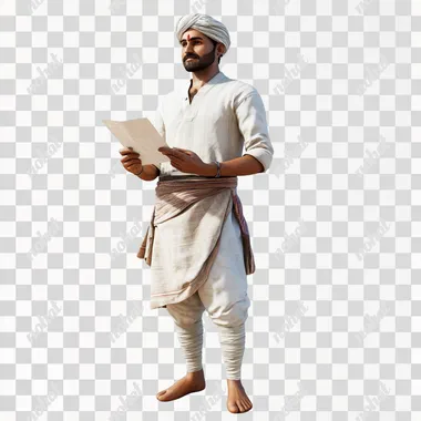 A 25 years old Hindu farmer is standing on the ground, holding a paper in his hand and looking left at you, White background, 3D animated image