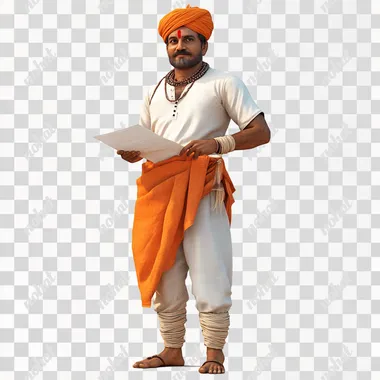 A 25 years old Hindu farmer is standing on the ground, holding a paper in his hand and looking left at you, White background, 3D animated image