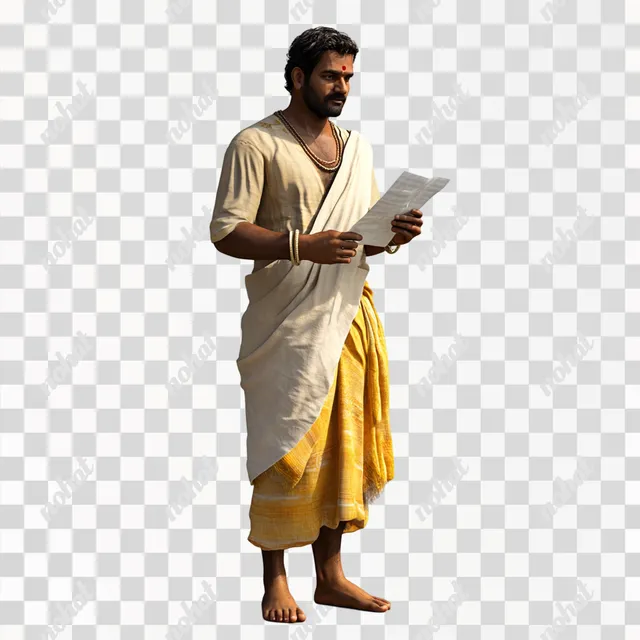 Hindu Farmer Holds Paper, Gazing Left