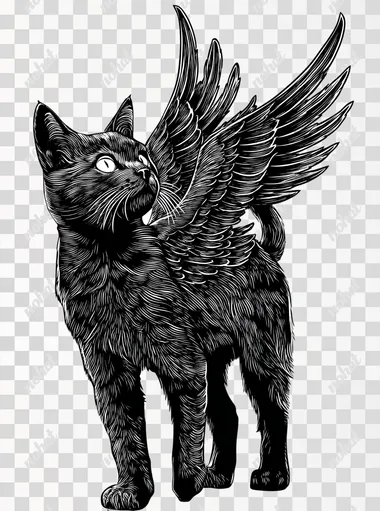 Cat with wings, standing, side picture. Vector in black and white, woodcut style, occult, dark. Perfect for t-shirt. White background.