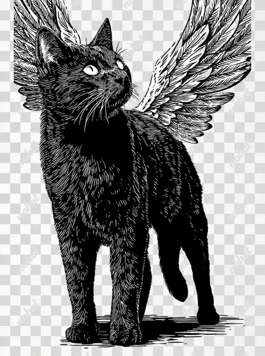 Cat with wings, standing, side picture. Vector in black and white, woodcut style, occult, dark. Perfect for t-shirt. White background.